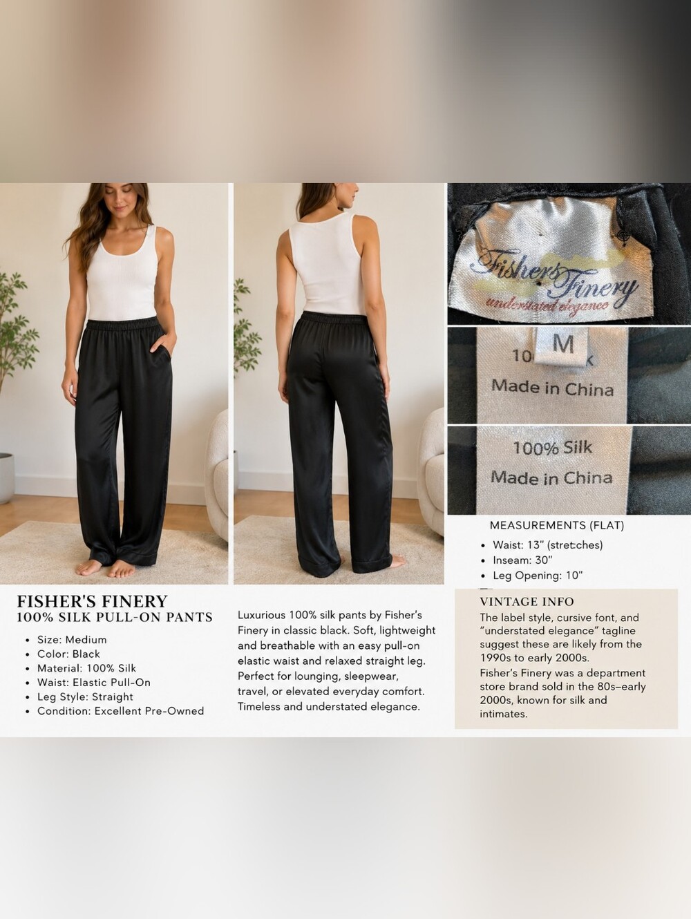 Fisher's Finery 100% Silk Black Pull On Pants Women's M Lounge Sleep Travel